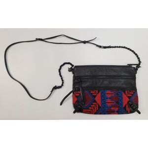 Elliott Lucca Black Leather Crossbody Bag Embroidered Red Blue Boho Festival